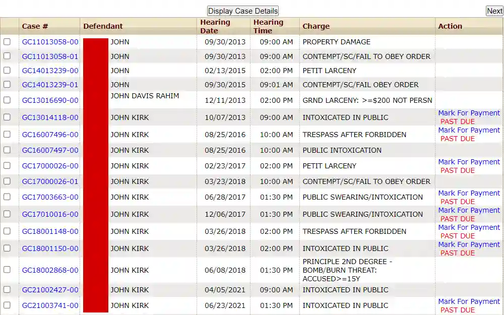 A screenshot of the Online Case Information System from the Lynchburg General District Court website shows the Traffic/Criminal Search results, with the list of offenders displayed--including case number, full name, hearing date/time, charge, and action.