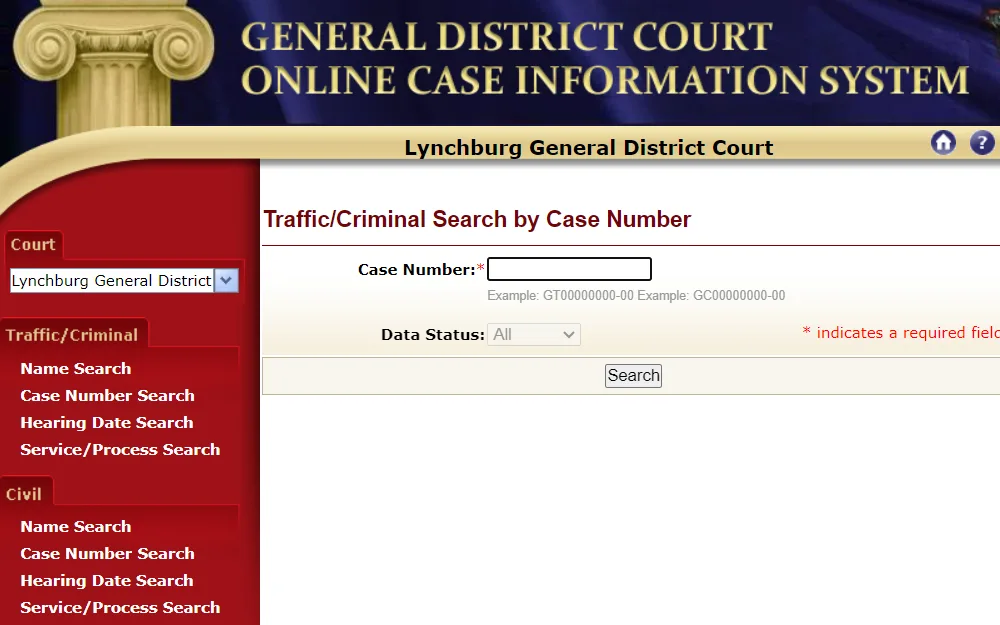 A screenshot of the Online Case Information System from the Lynchburg General District Court website shows the Traffic/Criminal Search by case number page, where searchers must input the case number and select data status from a dropdown to search.