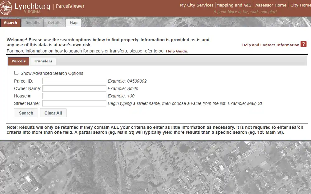 A screenshot of the Lynchburg County Parcel Viewer offered by the City Assessor shows the required information to search for a property, such as parcel ID, owner name, house number and street name, including advance search options.