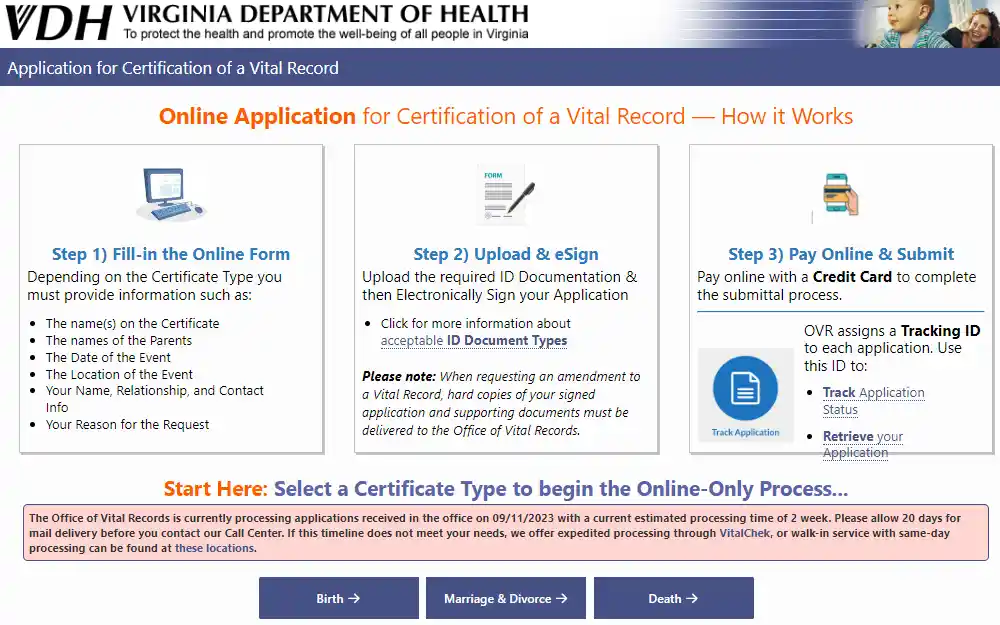 A screenshot from the Virginia Department of Health page showing the steps for online application of certification of vital record: Step 1. Fill in the online form, Step 2. Upload & eSign and Step 3. Pay Online & Submit. 