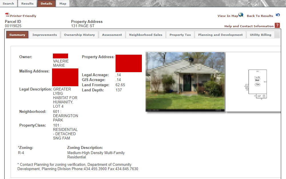 A screenshot of property details from the City of Lynchburg's ParcelViewer includes property address, special assessments, planning data and additional property information.