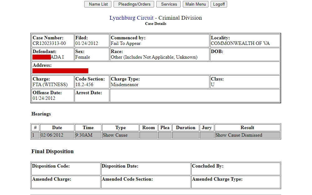 A screenshot of the Lynchburg Circuit Court Case Information Search displays comprehensive case details, including the case number, filing date, location, defendant's name, sex, race, date of birth, address, charges, and hearing information, including the final disposition.