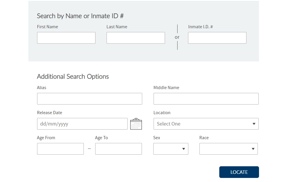 A screenshot of the inmate search page from the Virginia Department of Corrections shows two options to locate an inmate -- by full name or the inmate's ID number; the searcher can complete the additional search options for a more precise search.
