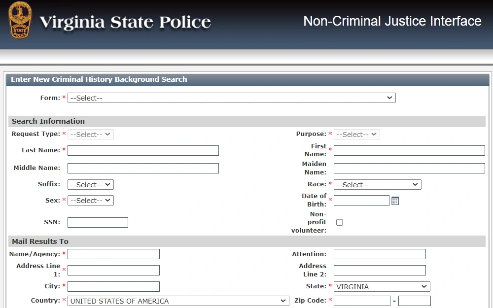 A screenshot of the Virginia State Police Criminal History Background Search page including the required information to search (denoted by "*"), where the searcher must provide necessary information and input the mailing address for the results.