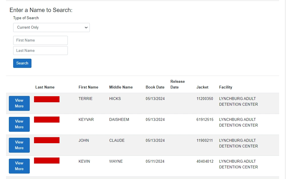 A screenshot of the inmate roster maintained by the Blue Ridge Regional Jail Authority shows the drop-down menu for the type of search, input fields for first and last names, and the following inmate information in table form: last name, first name, middle name, book date, release date, jacket number, and facility, with an option to view more details.